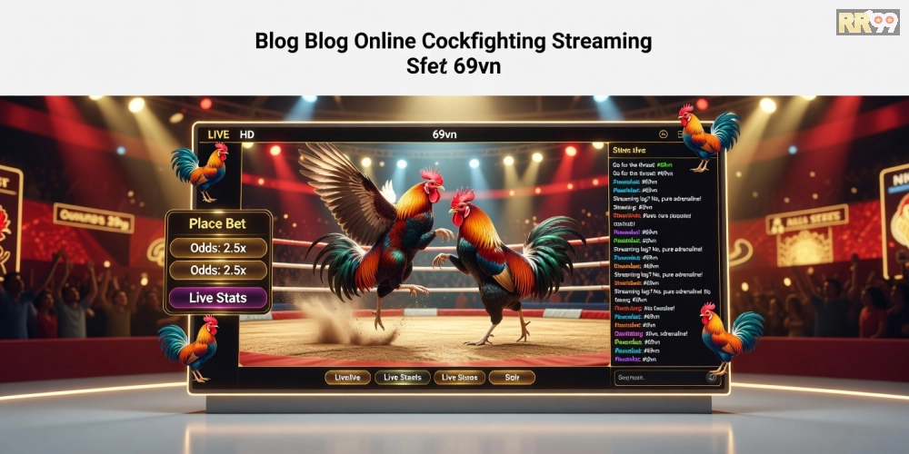 Minh họa khái niệm đá gà trực tiếp 69vn với giao diện nền tảng hiện đại và biểu tượng gà chọi